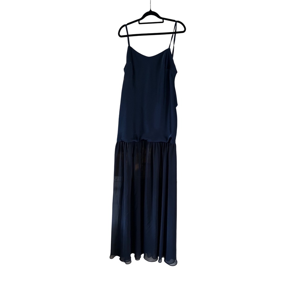Navy Satin & Sheer Maxi Prom Dress‎ Spaghetti Strap Laced Back Formal Size S NWT